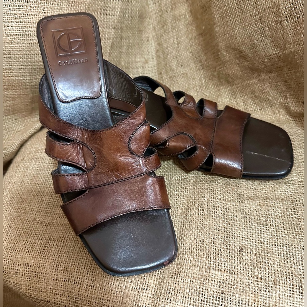 Cole Haan Brown 🤎 Leather Sandals with stacked wooden heel, cut outs w/ open toe